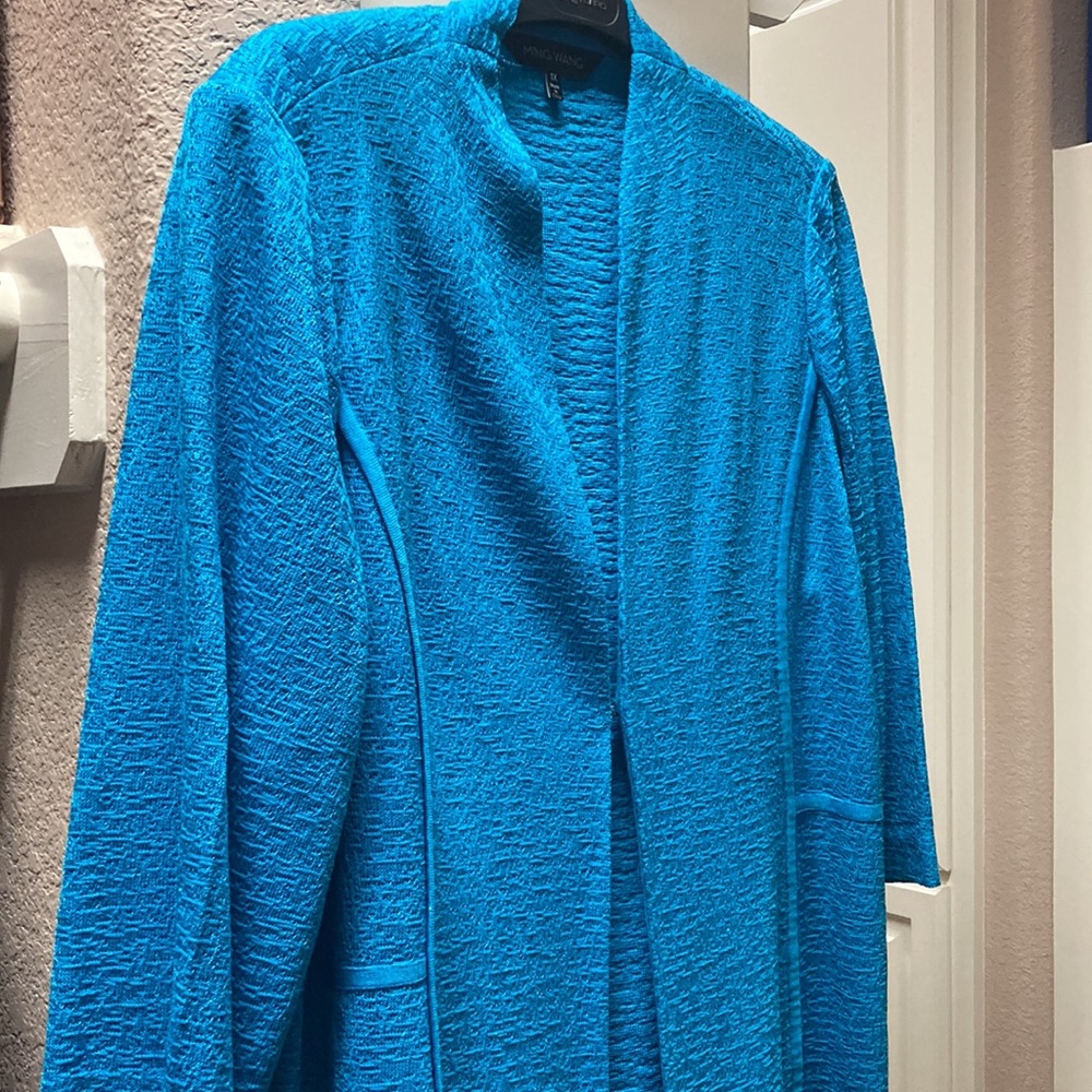 Ming Wang Bright Turquoise Textured Open Blazer